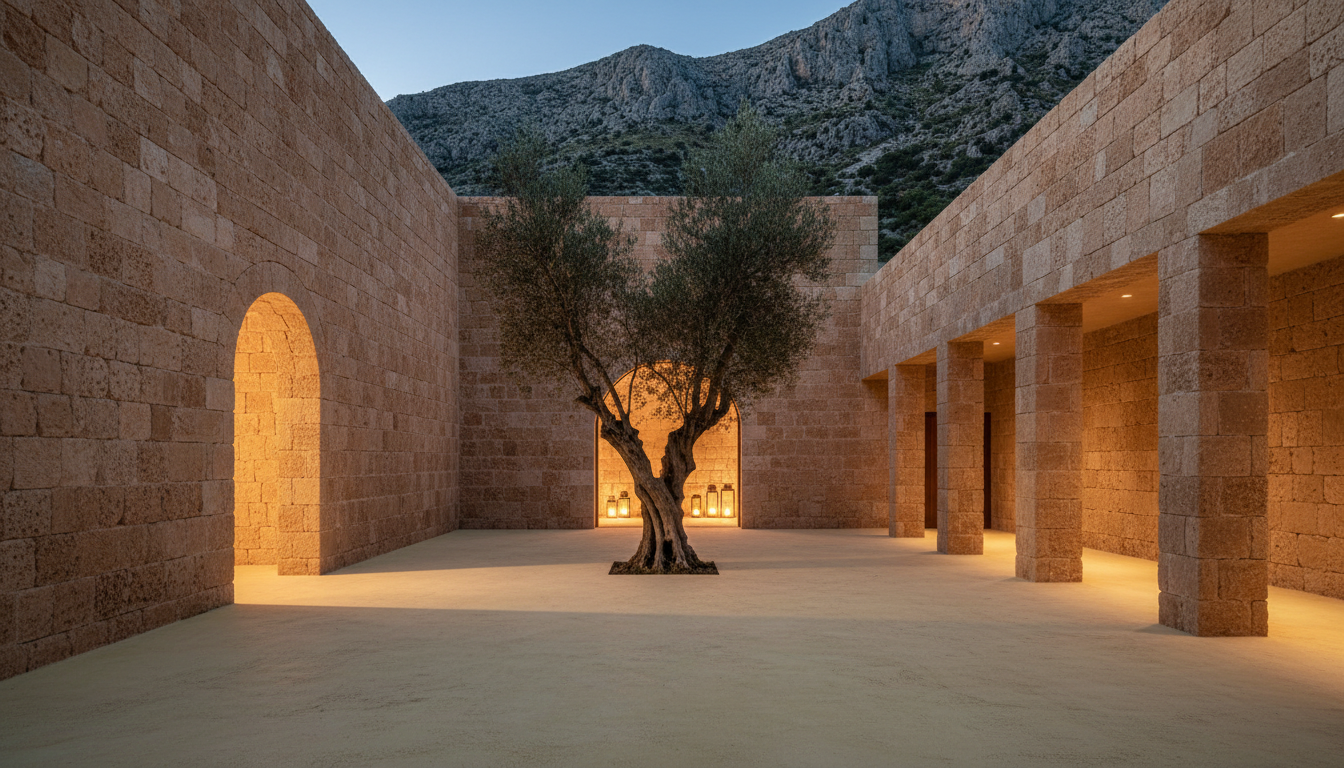 Refugio Tramuntana — patio de piedra con olivo, Mallorca