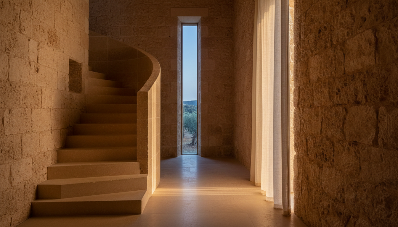 Patio de la Cal — interior de piedra con escalera monolítica, Menorca